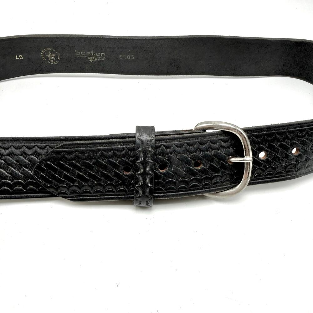 Boston Leather Black Western Belt 40 Basketweave Tooled Silver Buckle USA Made